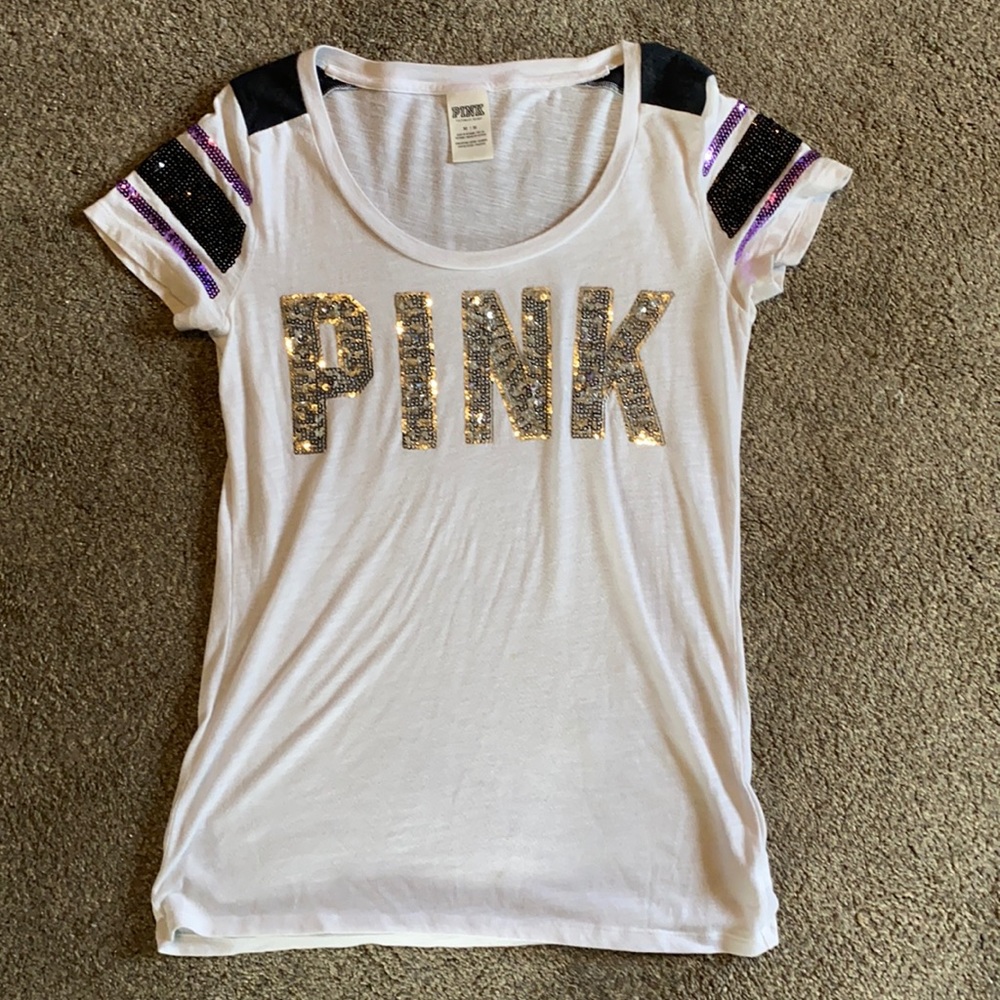 Victoria’s Secret pink/ black silver purple bling rounded neck medium T-shirt